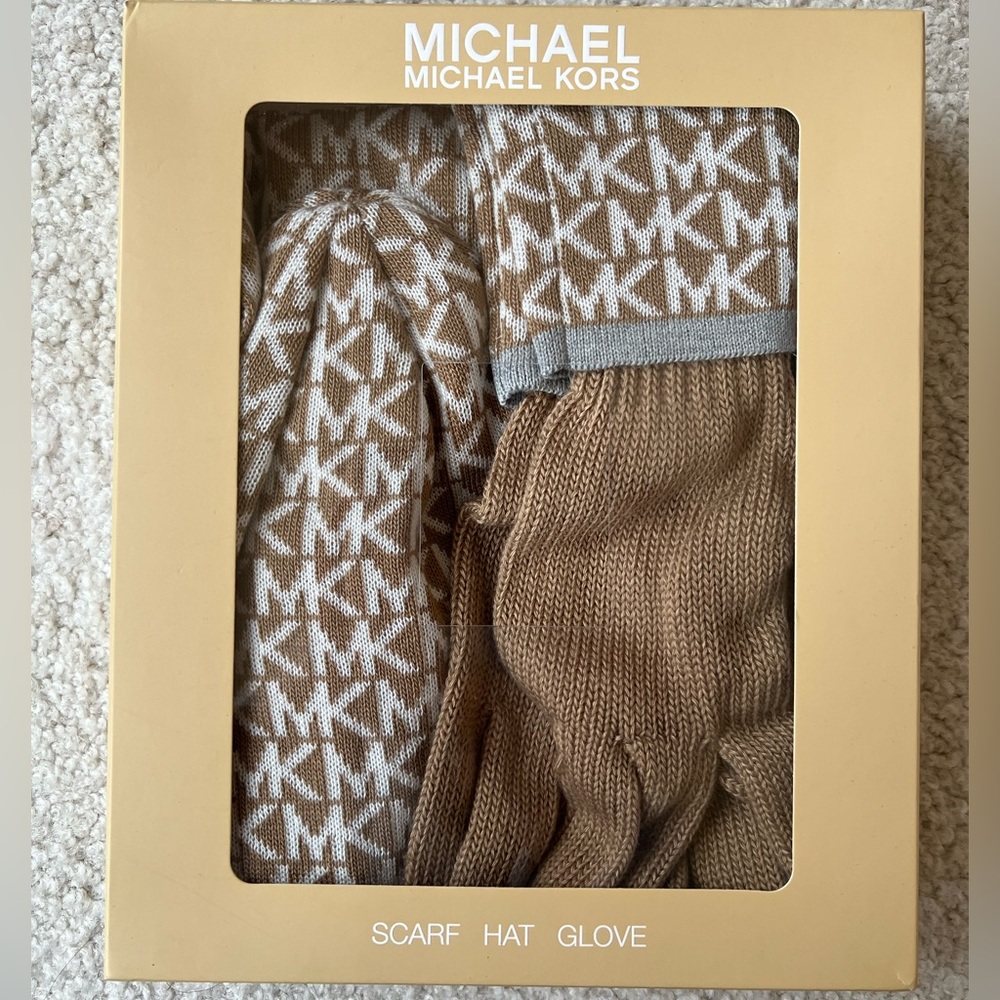 Michael Kors Tan Scarf Hat and Gloves Set